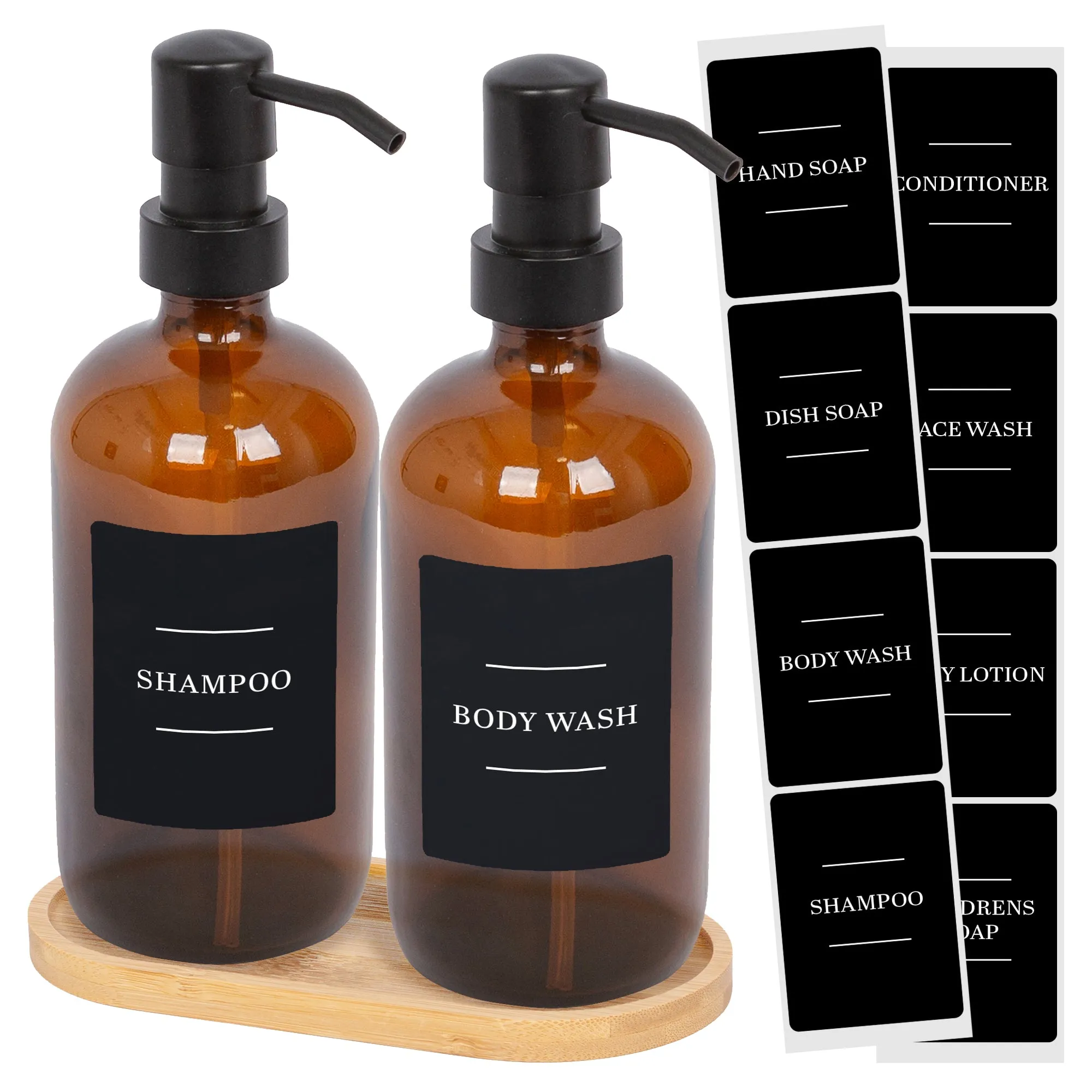 2pc Glass Soap Dispenser Set with Bamboo Tray & Labels - 500ml - By Harbour Housewares