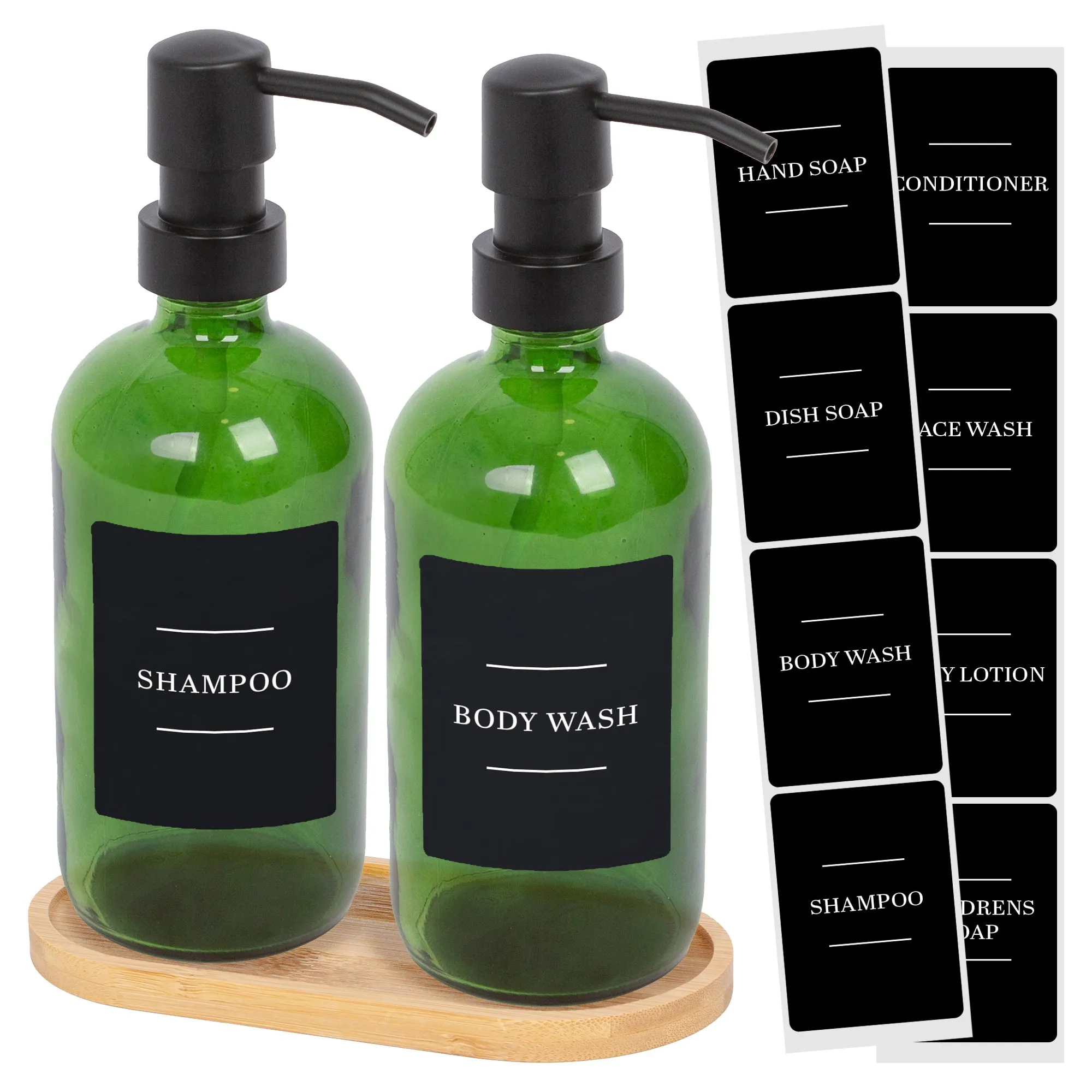 2pc Glass Soap Dispenser Set with Bamboo Tray & Labels - 500ml - By Harbour Housewares