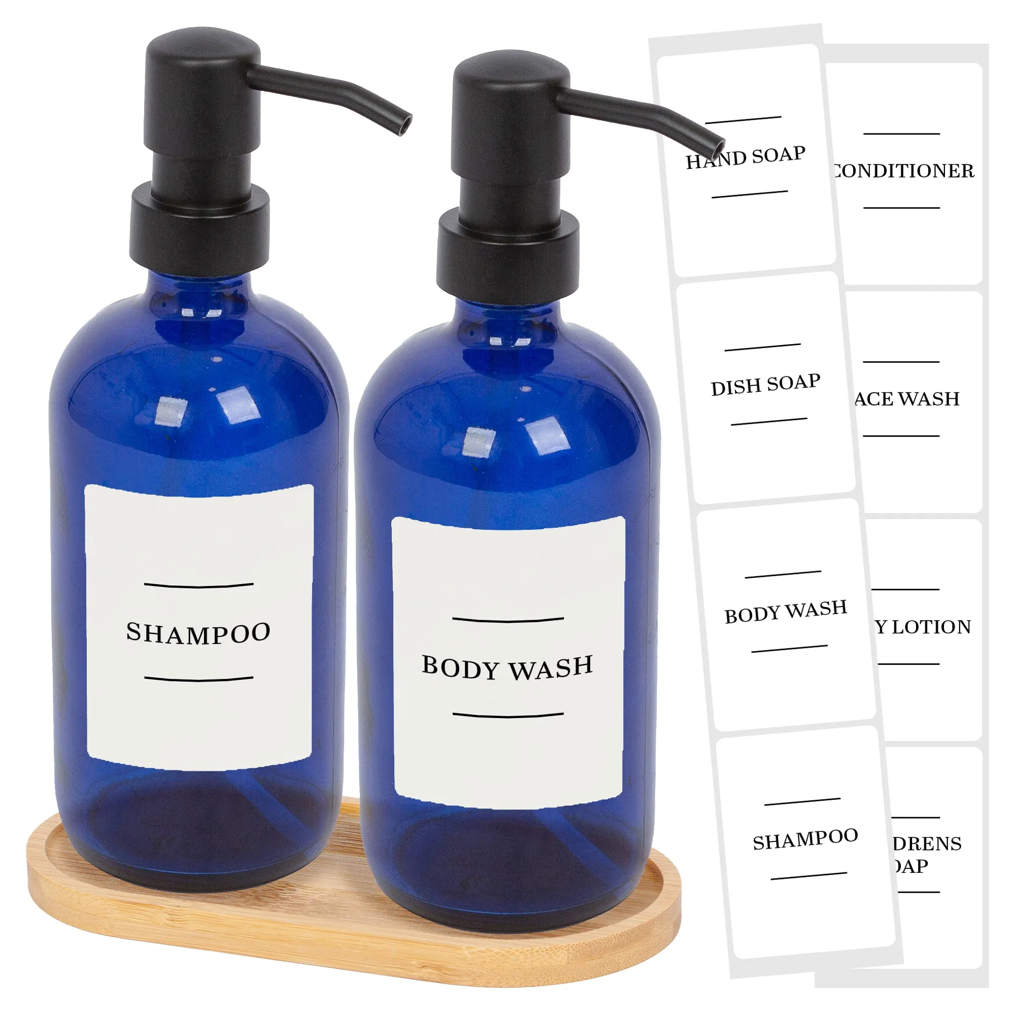 2pc Glass Soap Dispenser Set with Bamboo Tray & Labels - 500ml - By Harbour Housewares