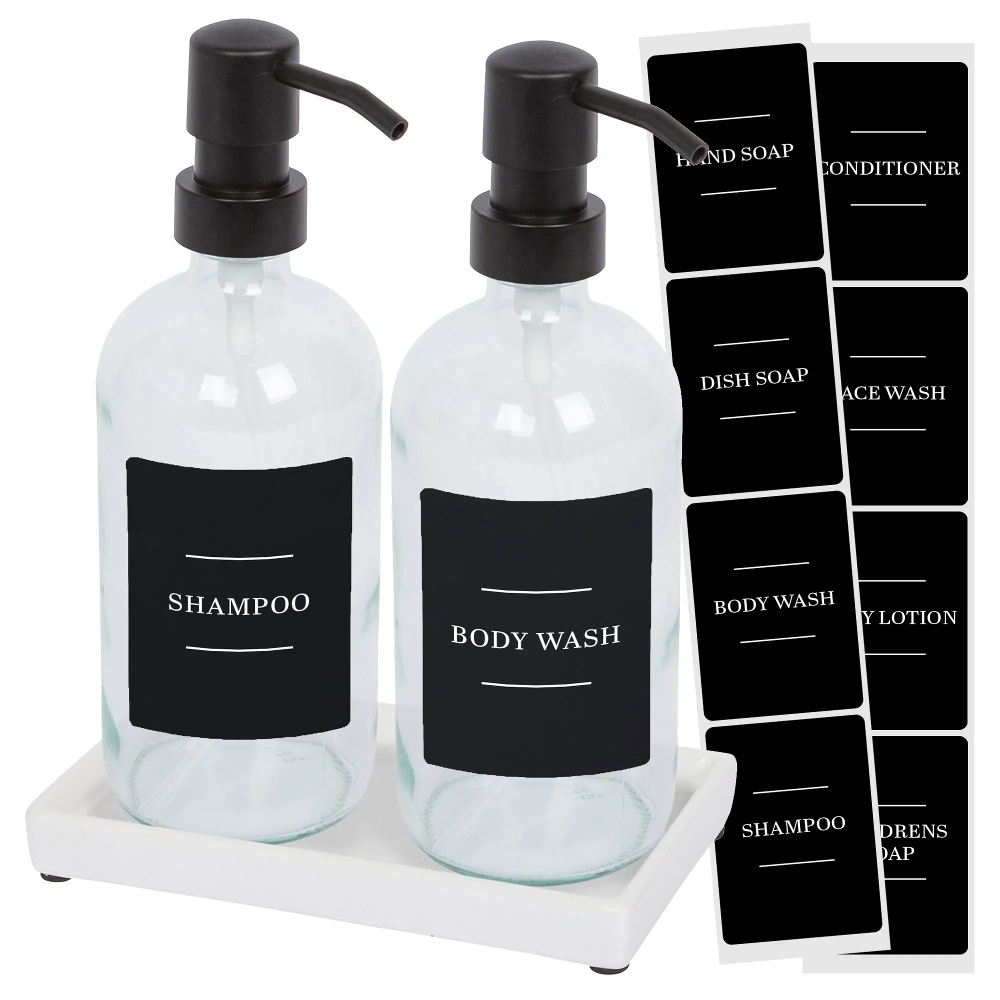 2pc Glass Soap Dispenser Set with Ceramic Tray & Labels - 500ml - By Harbour Housewares