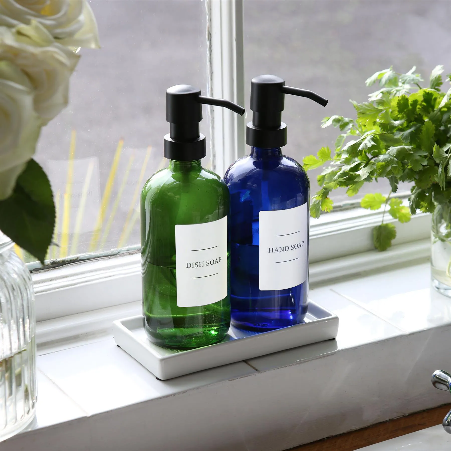 2pc Glass Soap Dispenser Set with Ceramic Tray & Labels - 500ml - By Harbour Housewares