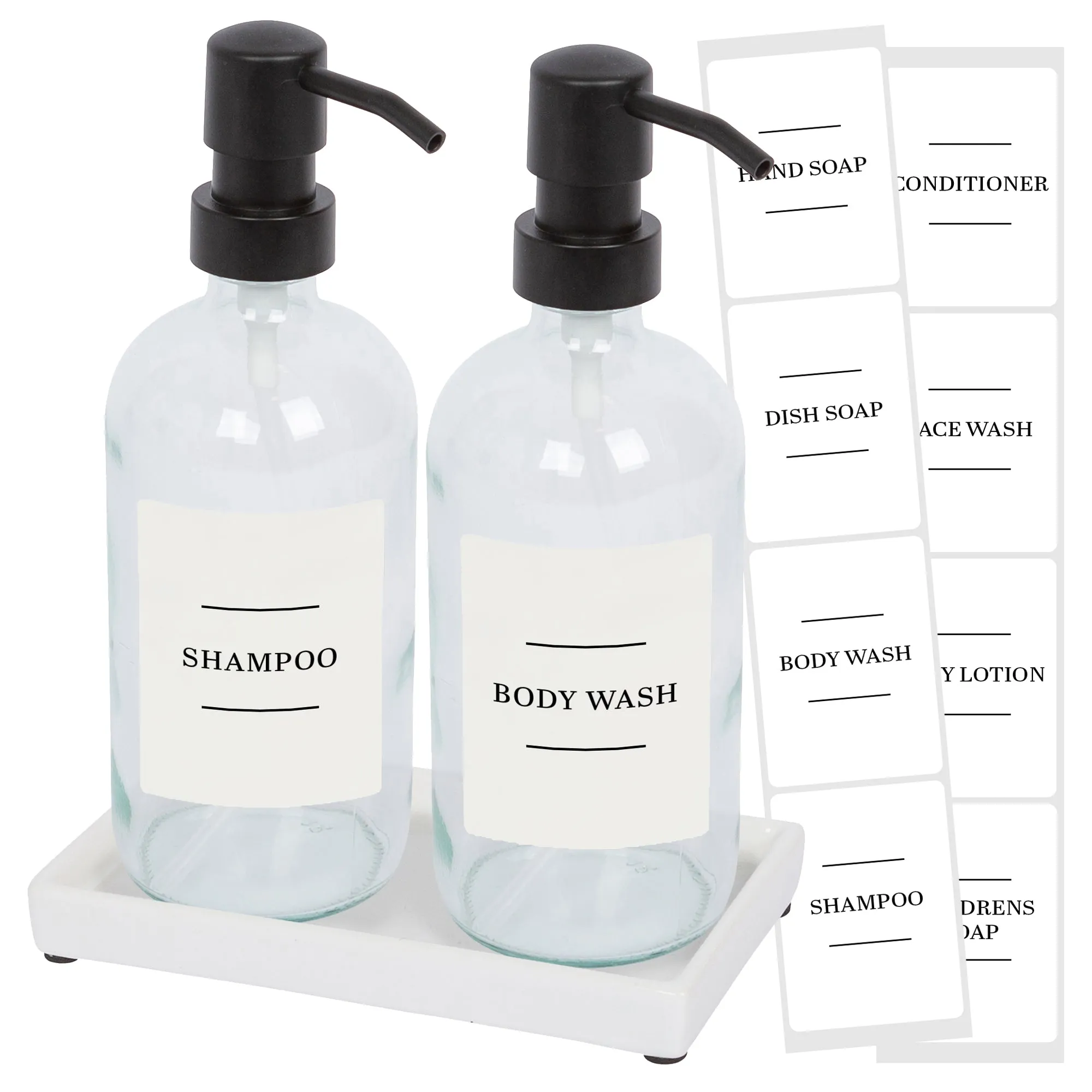 2pc Glass Soap Dispenser Set with Ceramic Tray & Labels - 500ml - By Harbour Housewares