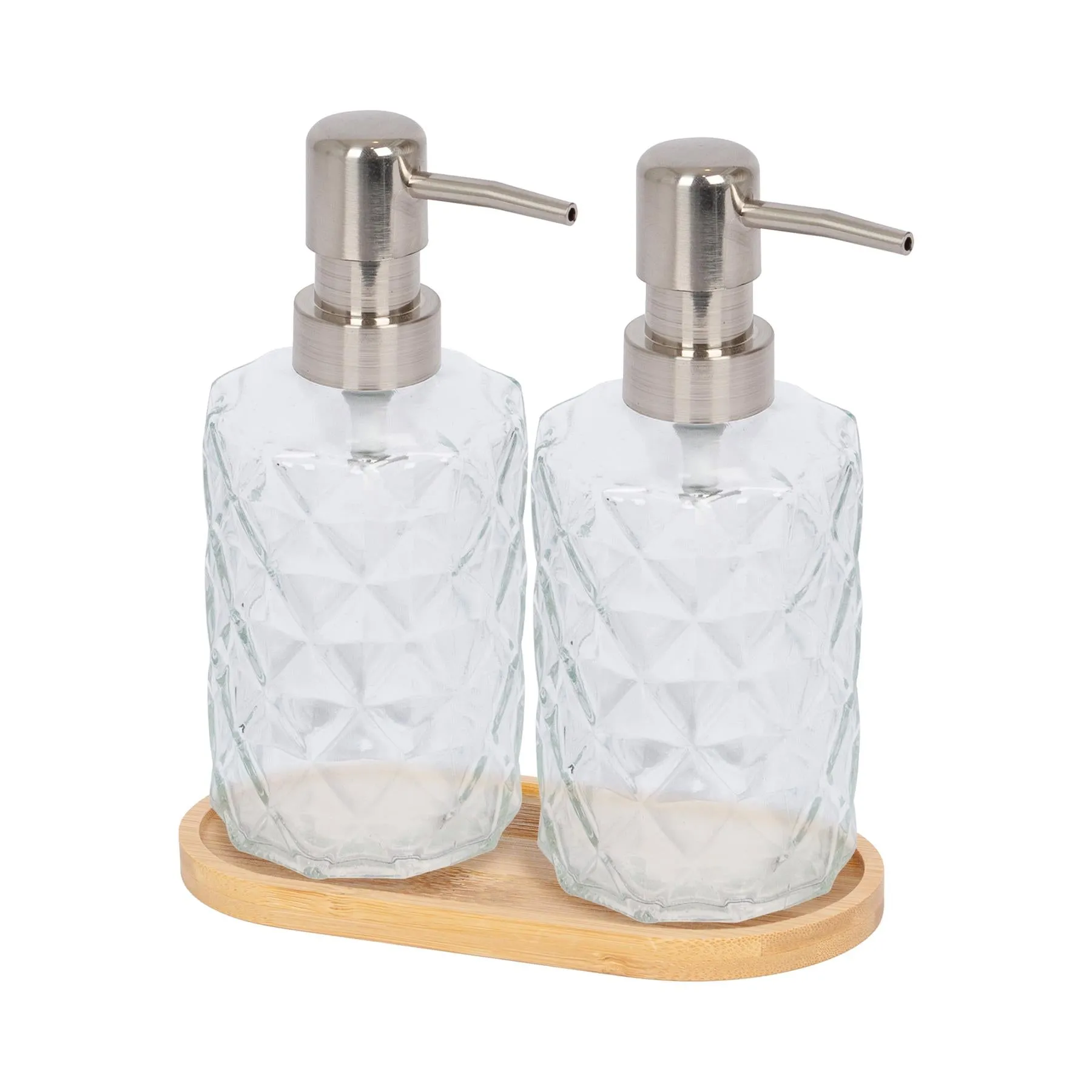 2pc Prism Glass Soap Dispenser Set with Bamboo Tray - 330ml - By Harbour Housewares