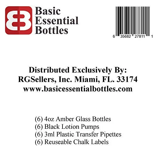 (6) 4 Ounce 4 oz Empty Amber Glass Bottles W/black Lotion Pump Tops (6) 3ml Pipettes (6) Chalk Labels for Oils, Cleaning Products, Aromatherapy, Shampoo, Lotions, Soaps, etc.