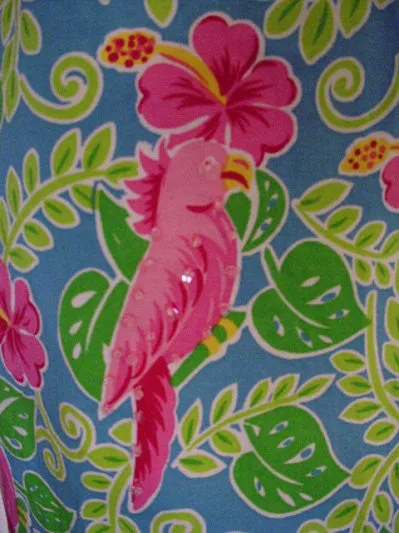 *ADORABLE SUMMER HOT PINK & LIME COTTON & SPANDEX SPARKLING SEQUINS  & BEADED COCKATOO PARROT DRESS - SIZE XL