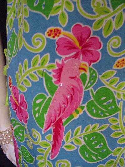 *ADORABLE SUMMER HOT PINK & LIME COTTON & SPANDEX SPARKLING SEQUINS  & BEADED COCKATOO PARROT DRESS - SIZE XL