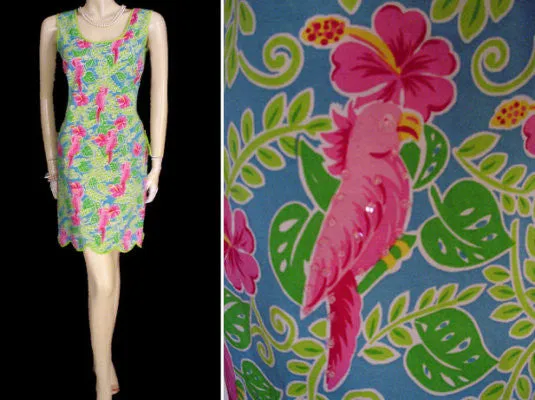 *ADORABLE SUMMER HOT PINK & LIME COTTON & SPANDEX SPARKLING SEQUINS  & BEADED COCKATOO PARROT DRESS - SIZE XL