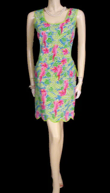 *ADORABLE SUMMER HOT PINK & LIME COTTON & SPANDEX SPARKLING SEQUINS  & BEADED COCKATOO PARROT DRESS - SIZE XL