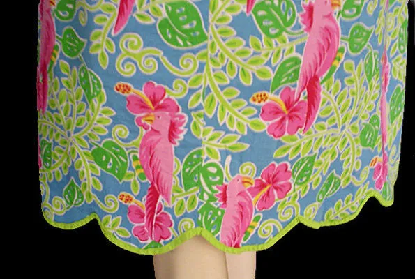 *ADORABLE SUMMER HOT PINK & LIME COTTON & SPANDEX SPARKLING SEQUINS  & BEADED COCKATOO PARROT DRESS - SIZE XL