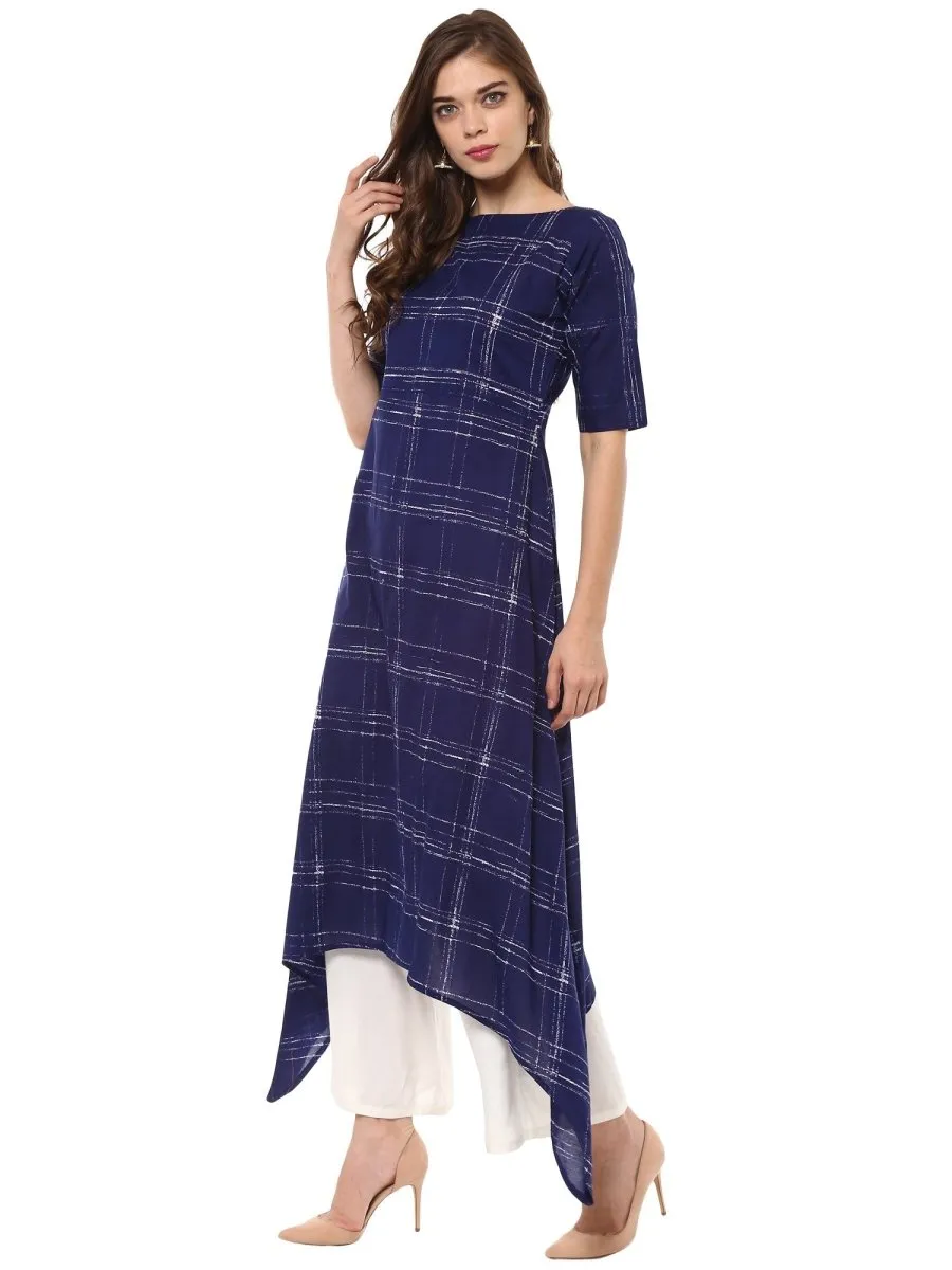 Ahalyaa Women Blue Checked A-Line Asymmetric Kurta