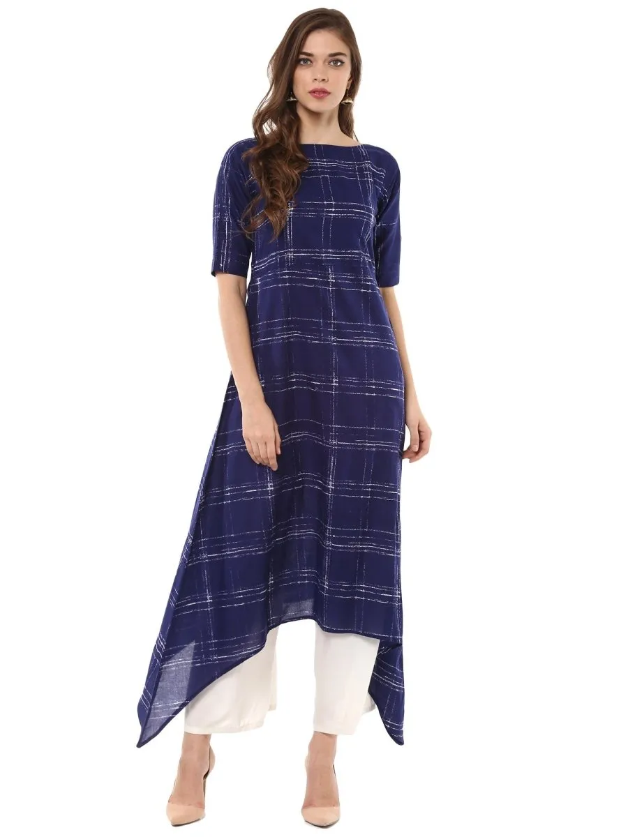 Ahalyaa Women Blue Checked A-Line Asymmetric Kurta