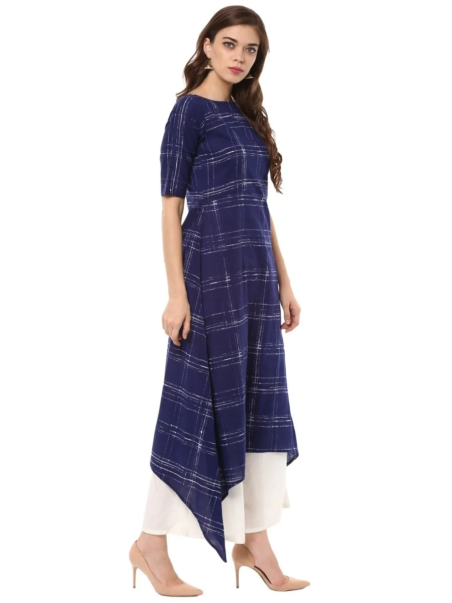 Ahalyaa Women Blue Checked A-Line Asymmetric Kurta