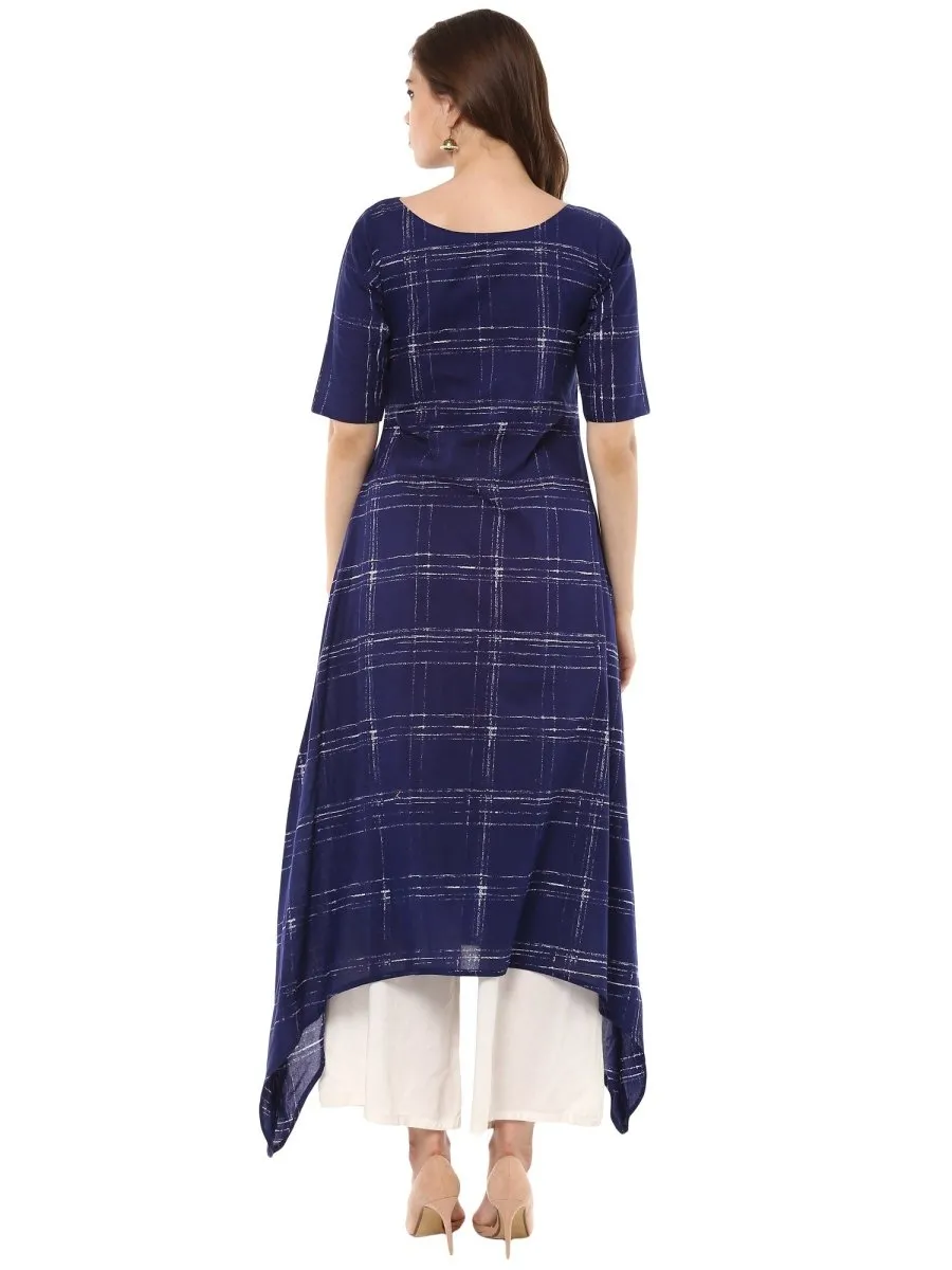 Ahalyaa Women Blue Checked A-Line Asymmetric Kurta