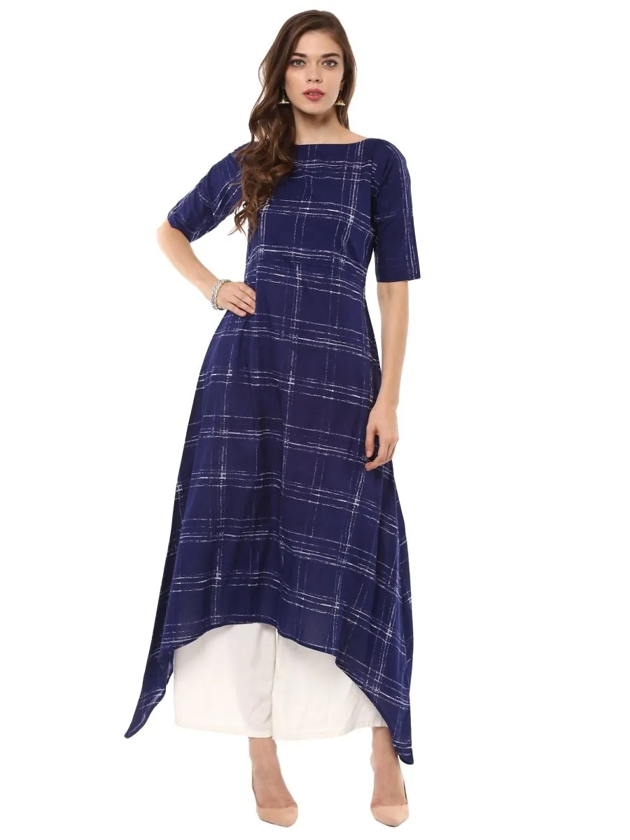 Ahalyaa Women Blue Checked A-Line Asymmetric Kurta