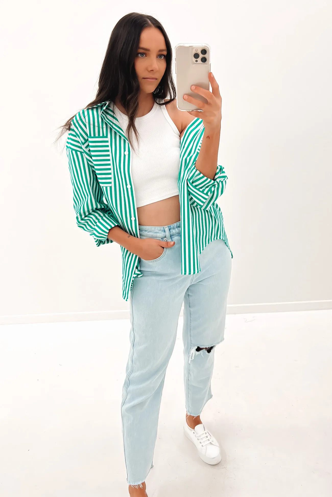 Alayah Shirt Green White Stripe