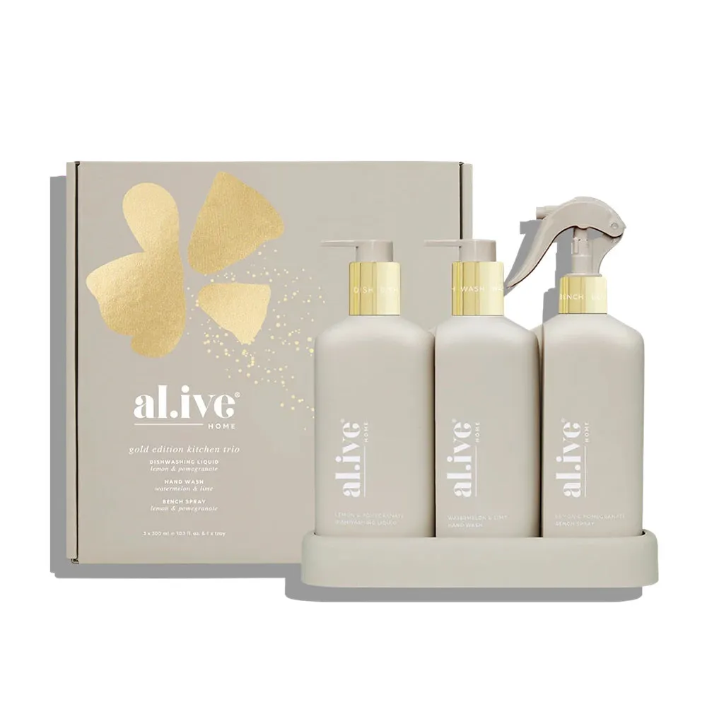 Al.ive Gold Edition Kitchen Trio - Dishwashing Liquid, Hand Wash, Bench Spray