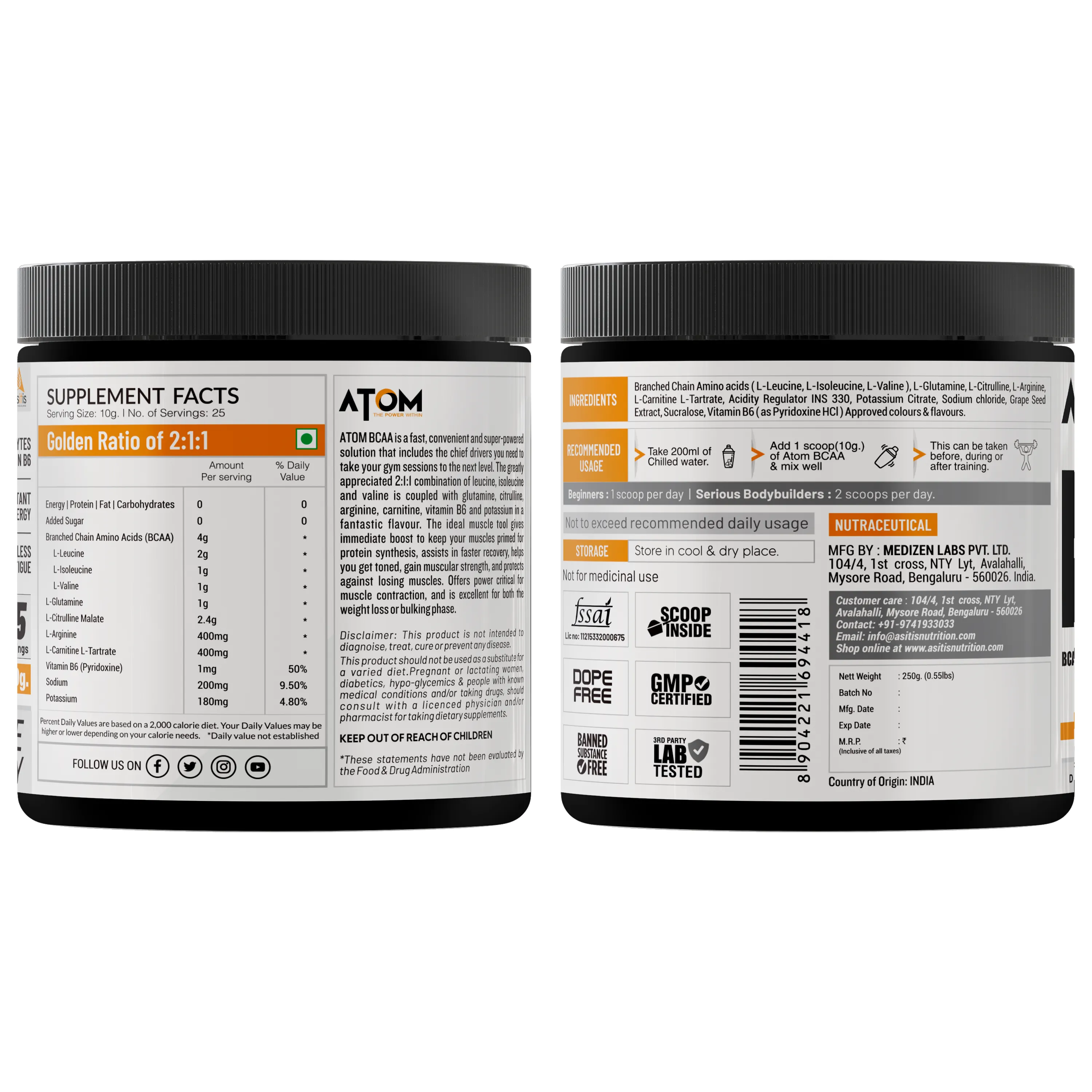 ATOM BCAA 250g with L-arginine, L-Carnitine, L-Citrulline