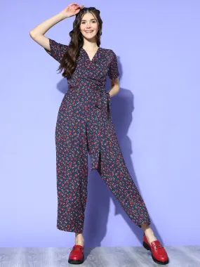 Berrylush Women Navy Blue & Red Floral Printed Shawl Neck Waist Tie-Up Culotte Jumpsuit