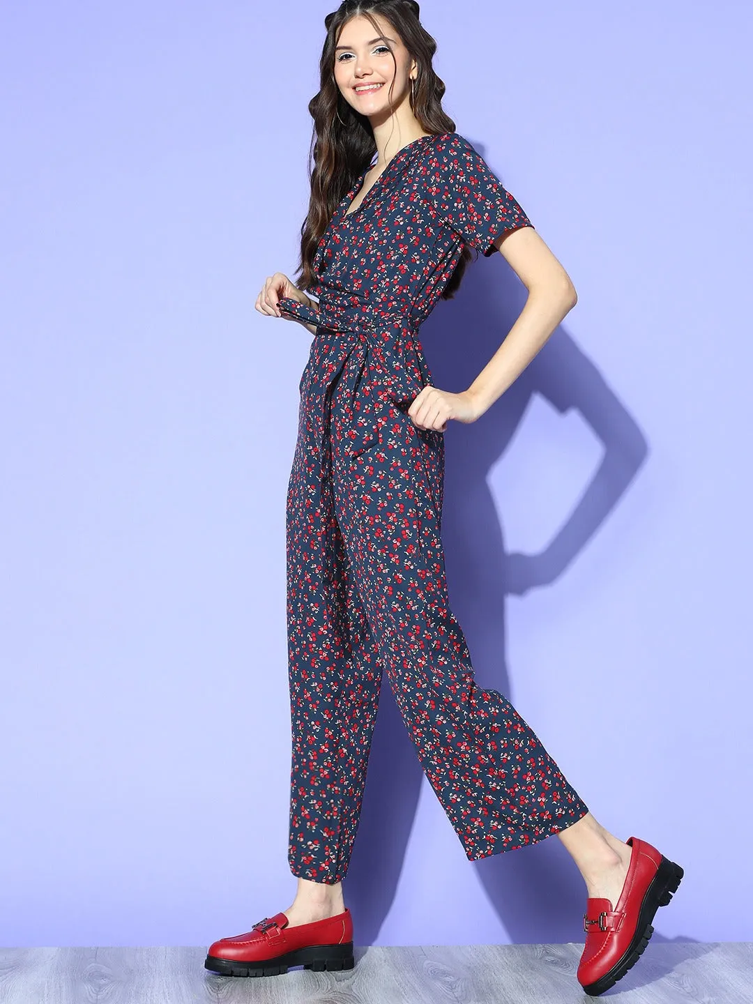 Berrylush Women Navy Blue & Red Floral Printed Shawl Neck Waist Tie-Up Culotte Jumpsuit