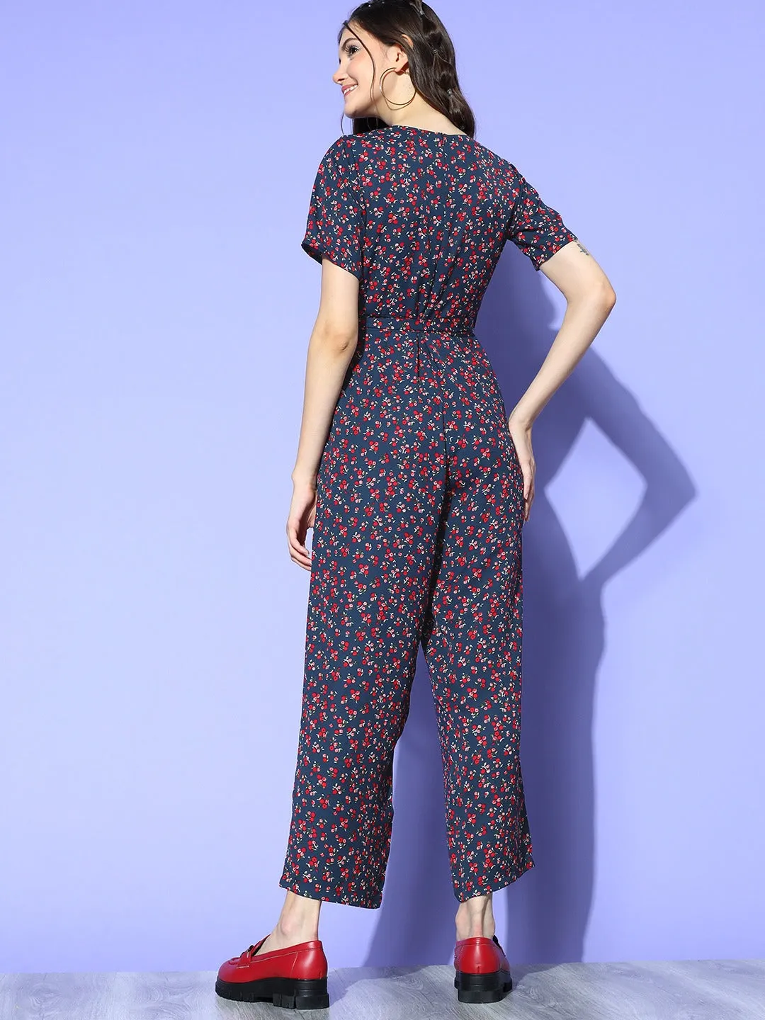 Berrylush Women Navy Blue & Red Floral Printed Shawl Neck Waist Tie-Up Culotte Jumpsuit