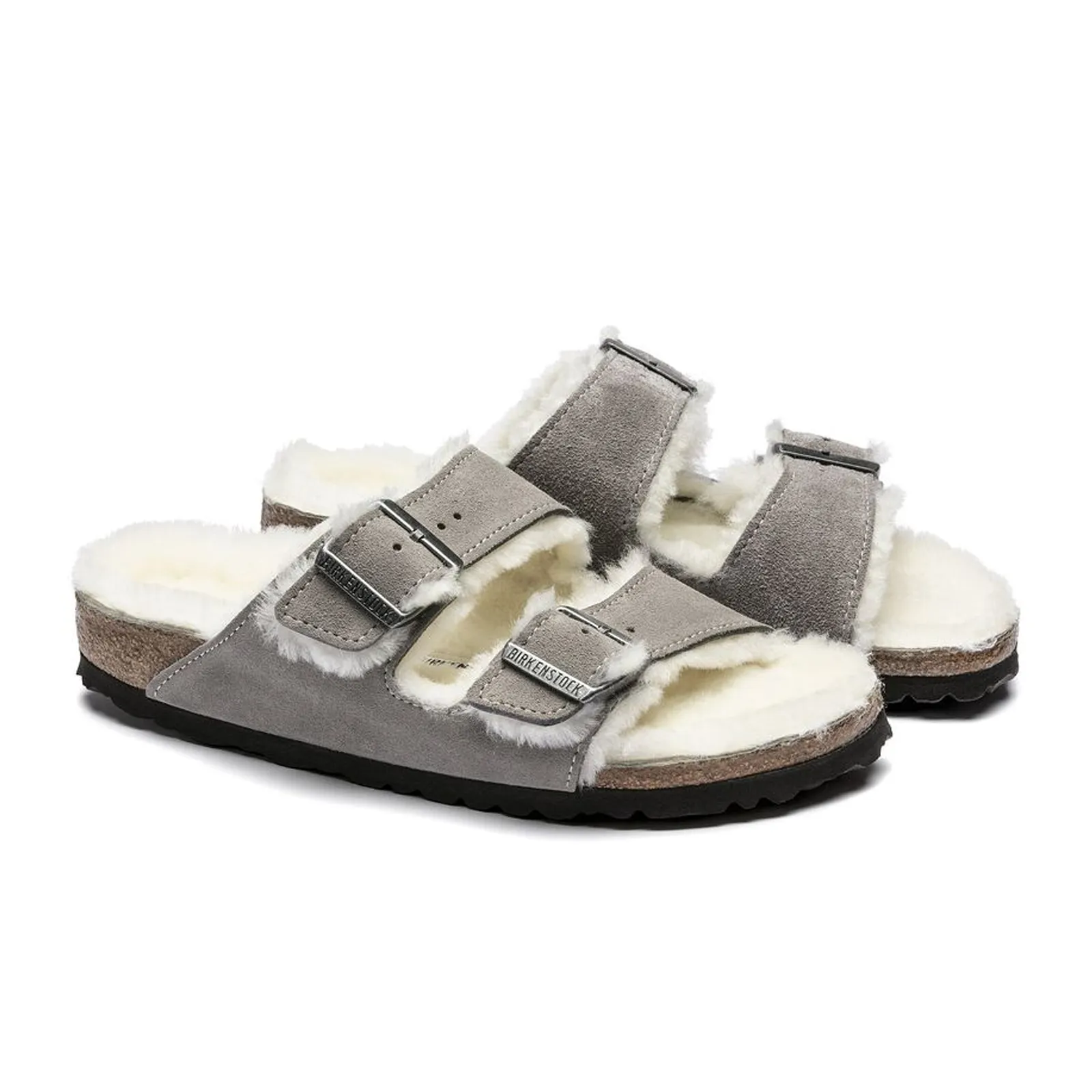 Birkenstock Arizona Shearling Narrow Slide Sandal (Women) - Stone Coin/Natural Suede