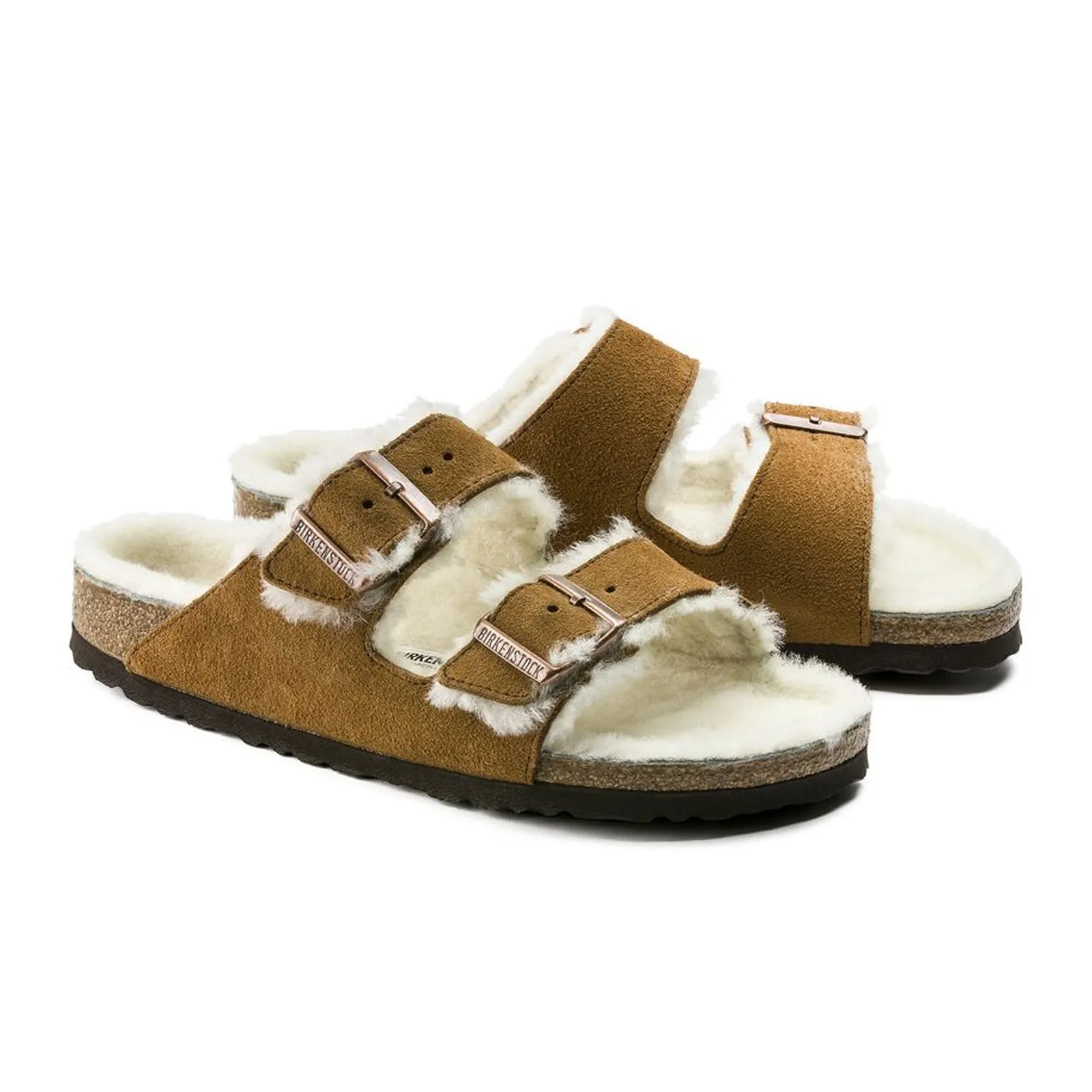 Birkenstock Arizona Slide Sandal (Women) - Mink Suede/Natural Shearling