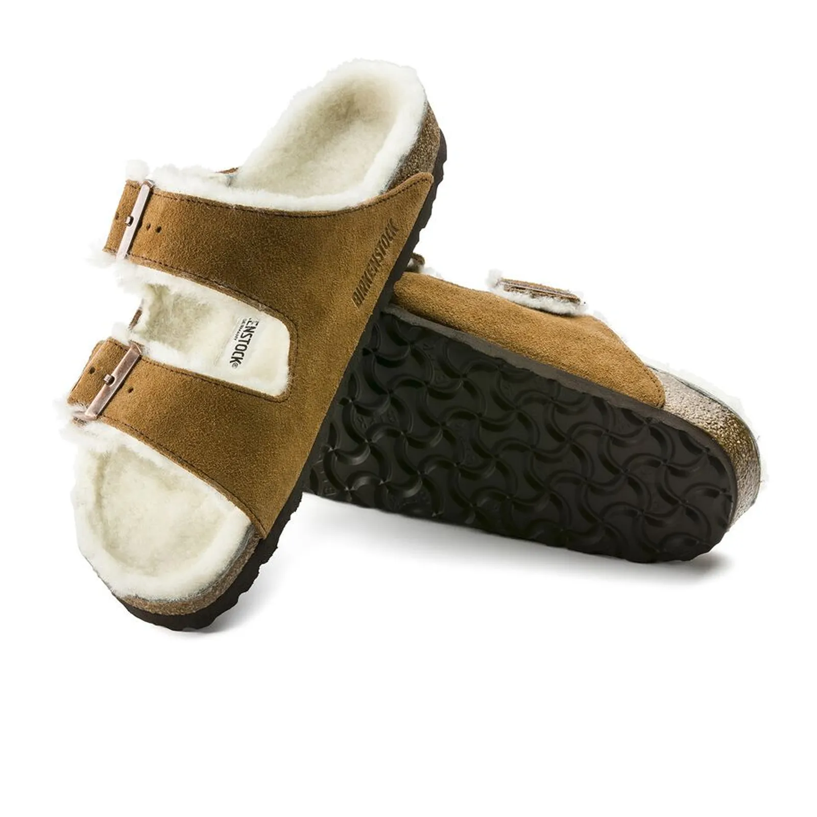 Birkenstock Arizona Slide Sandal (Women) - Mink Suede/Natural Shearling