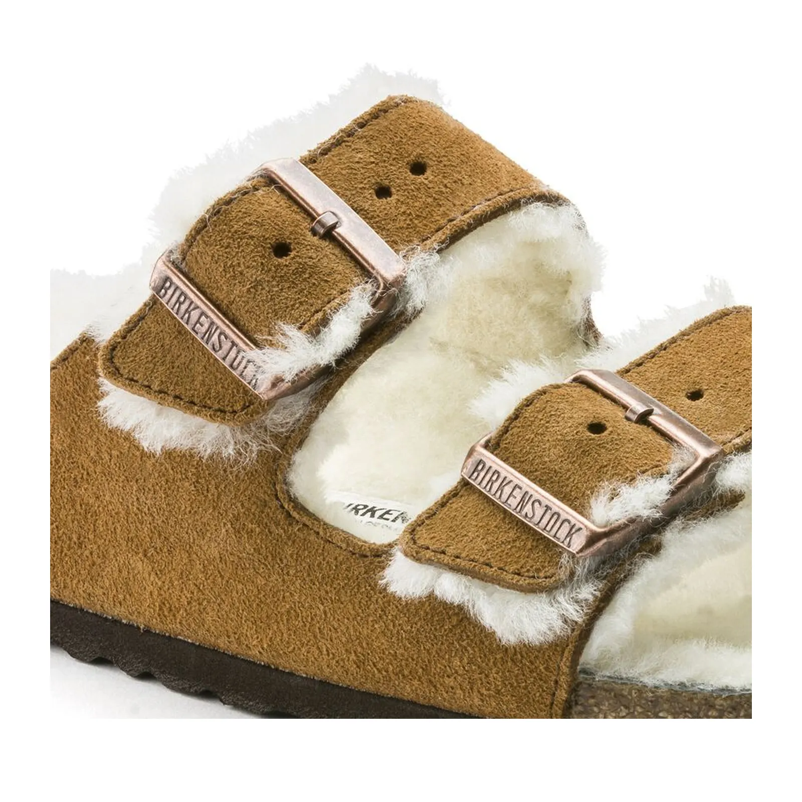 Birkenstock Arizona Slide Sandal (Women) - Mink Suede/Natural Shearling