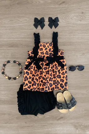 Black & Cheetah Ruffle Bubble Short Set