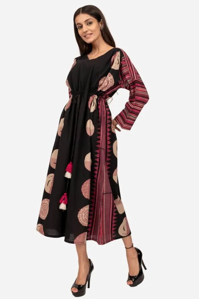 Black & Magenta Printed drop sleeve Dress