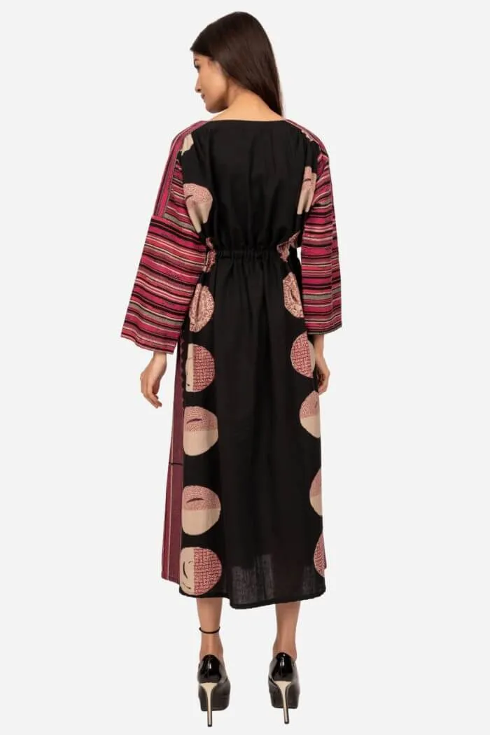 Black & Magenta Printed drop sleeve Dress