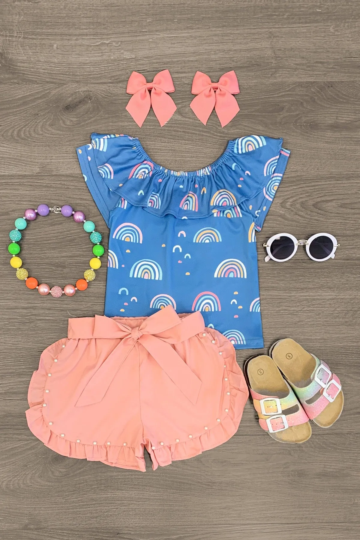 Blue Rainbows & Blush Pearl Tie Short Set