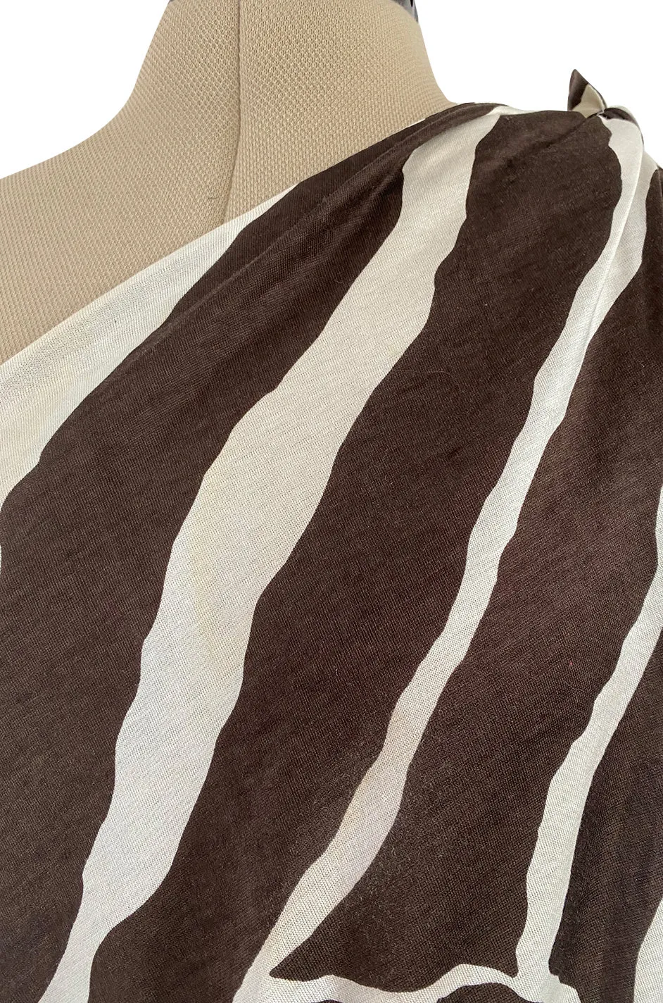 Bold c 1975 Halston One Shoulder Brown & White Zebra Print Full Skirted Cotton Dress