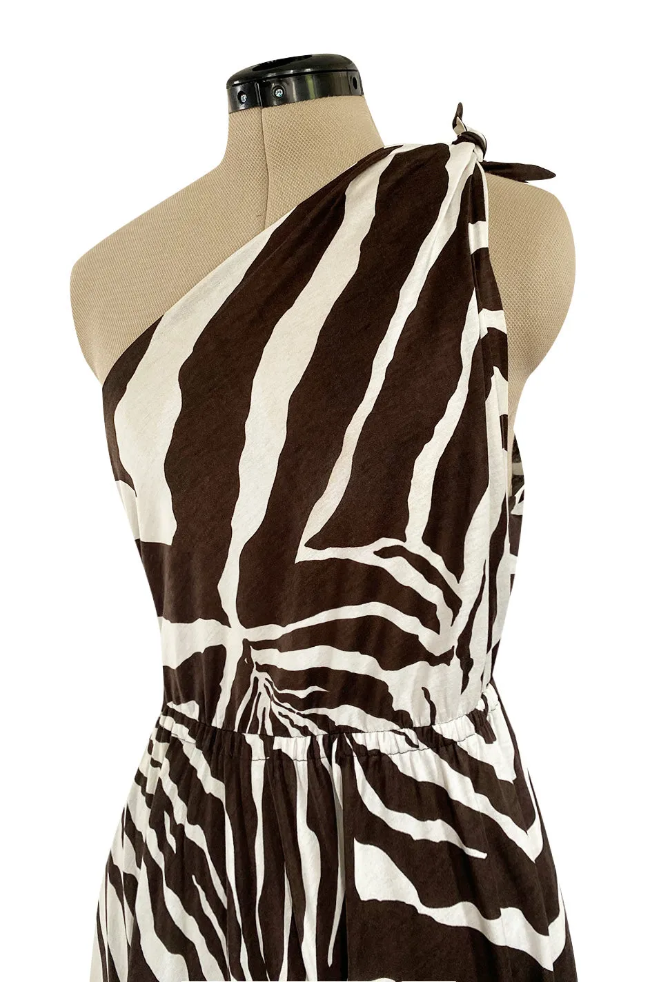 Bold c 1975 Halston One Shoulder Brown & White Zebra Print Full Skirted Cotton Dress