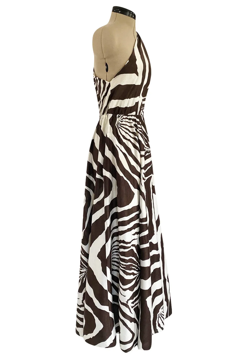 Bold c 1975 Halston One Shoulder Brown & White Zebra Print Full Skirted Cotton Dress