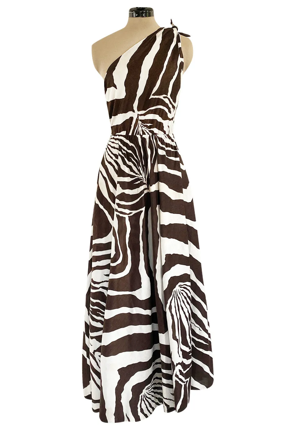 Bold c 1975 Halston One Shoulder Brown & White Zebra Print Full Skirted Cotton Dress