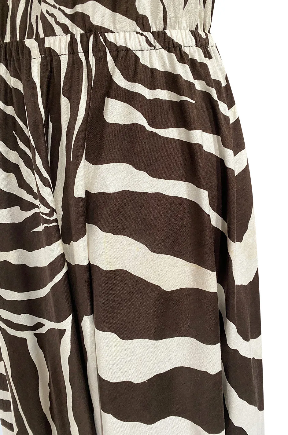 Bold c 1975 Halston One Shoulder Brown & White Zebra Print Full Skirted Cotton Dress