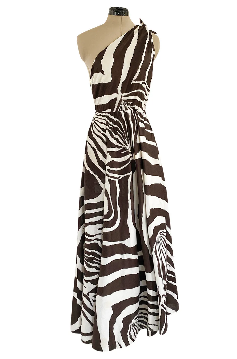 Bold c 1975 Halston One Shoulder Brown & White Zebra Print Full Skirted Cotton Dress