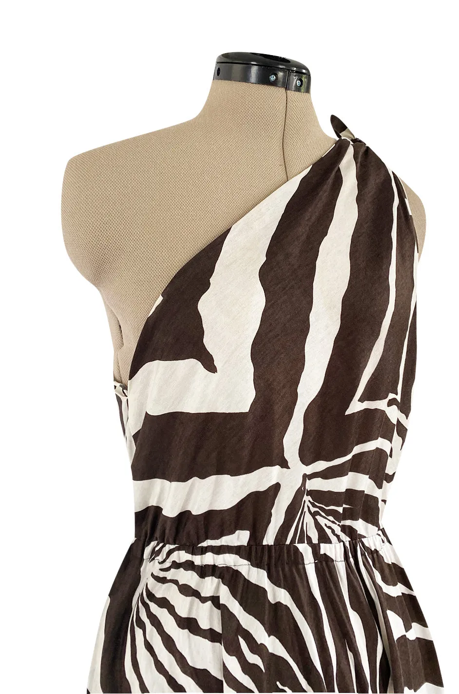 Bold c 1975 Halston One Shoulder Brown & White Zebra Print Full Skirted Cotton Dress