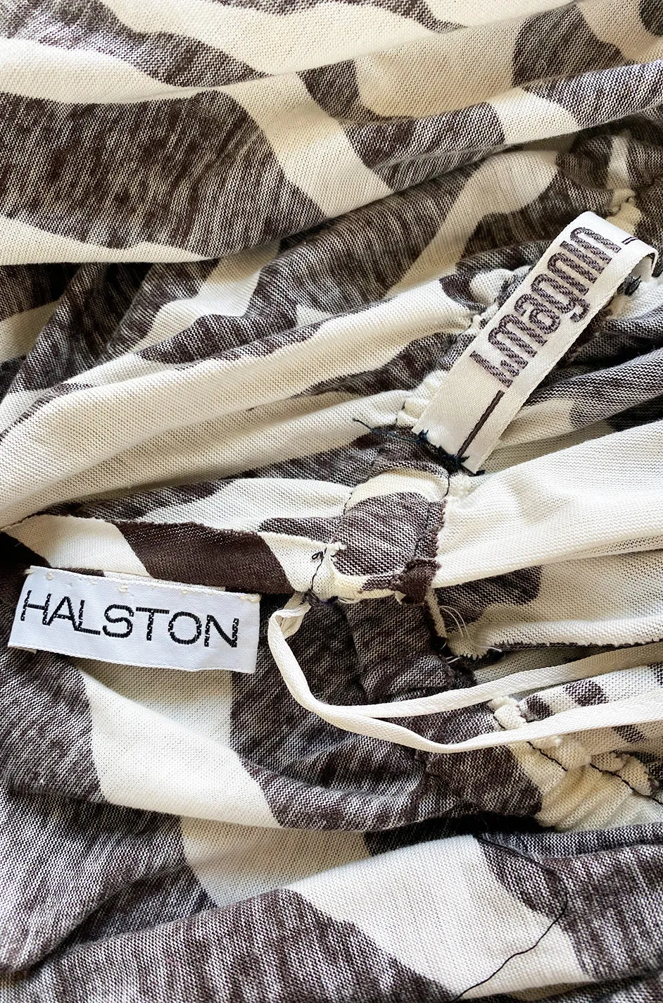 Bold c 1975 Halston One Shoulder Brown & White Zebra Print Full Skirted Cotton Dress