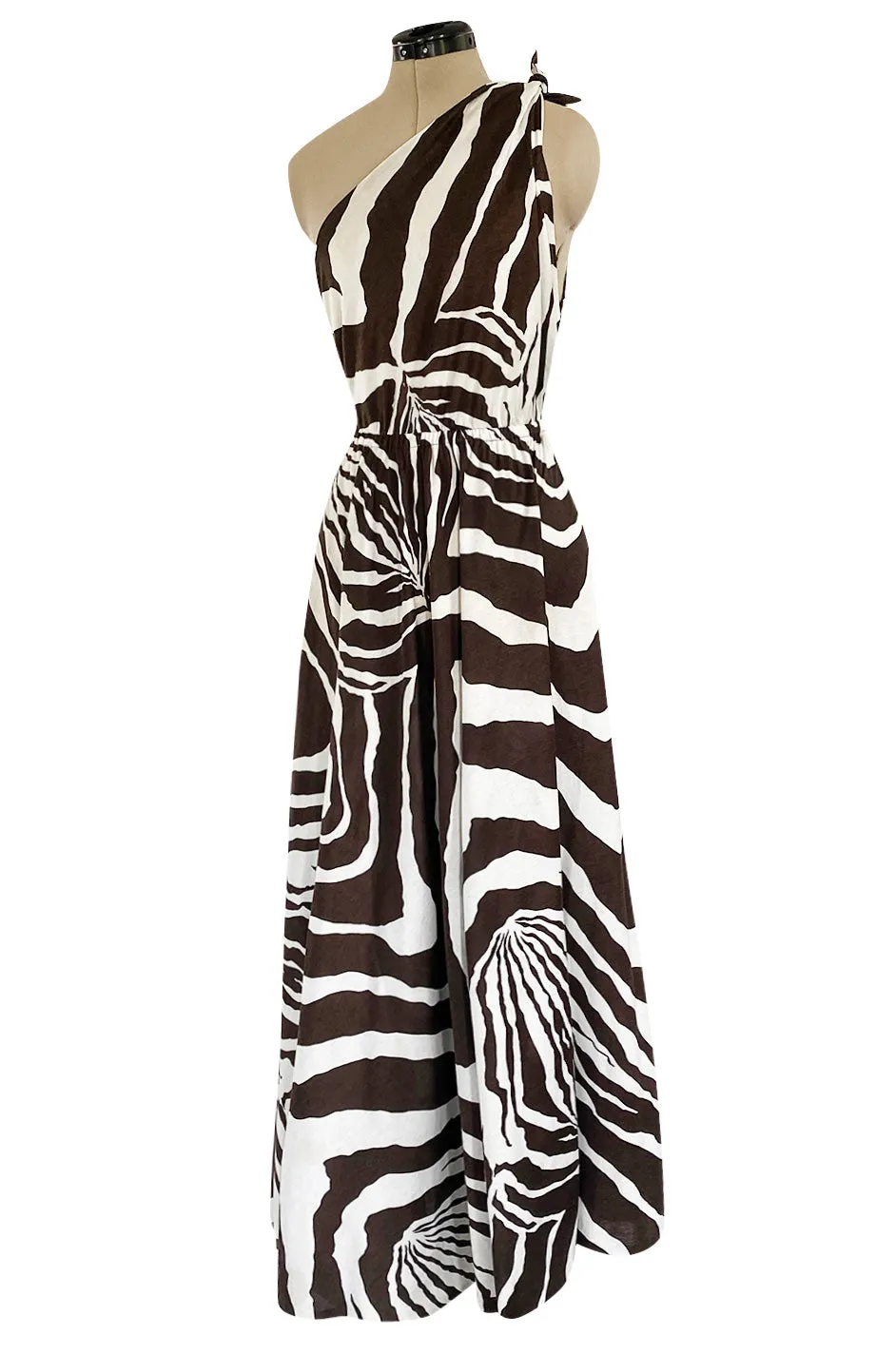 Bold c 1975 Halston One Shoulder Brown & White Zebra Print Full Skirted Cotton Dress