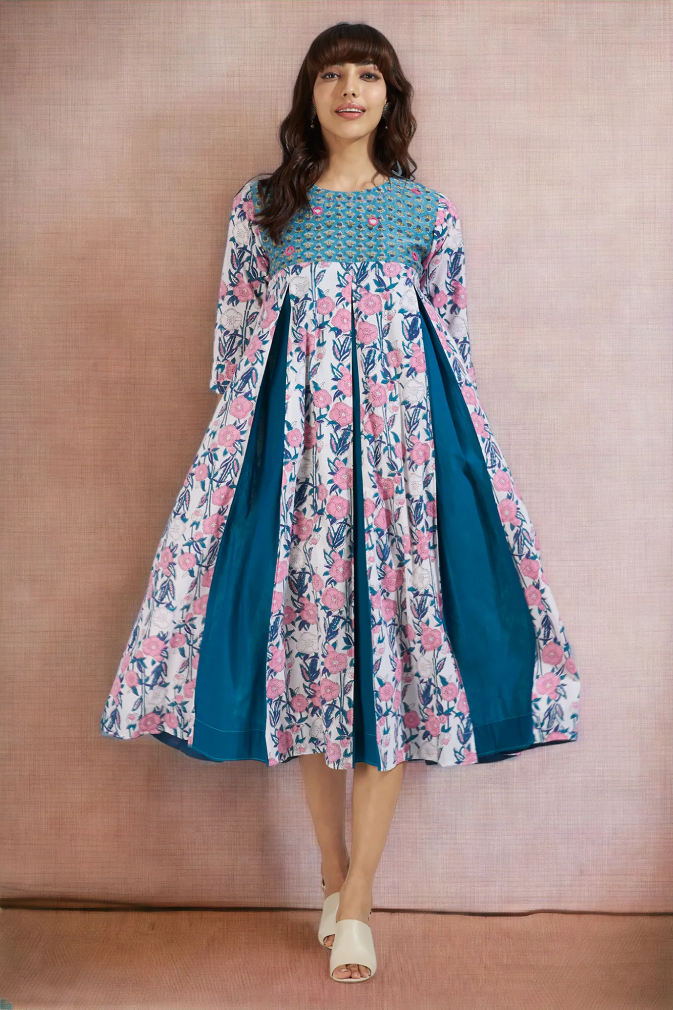 box pleat dress with pockets - floral pink fantasy & teal bouquet