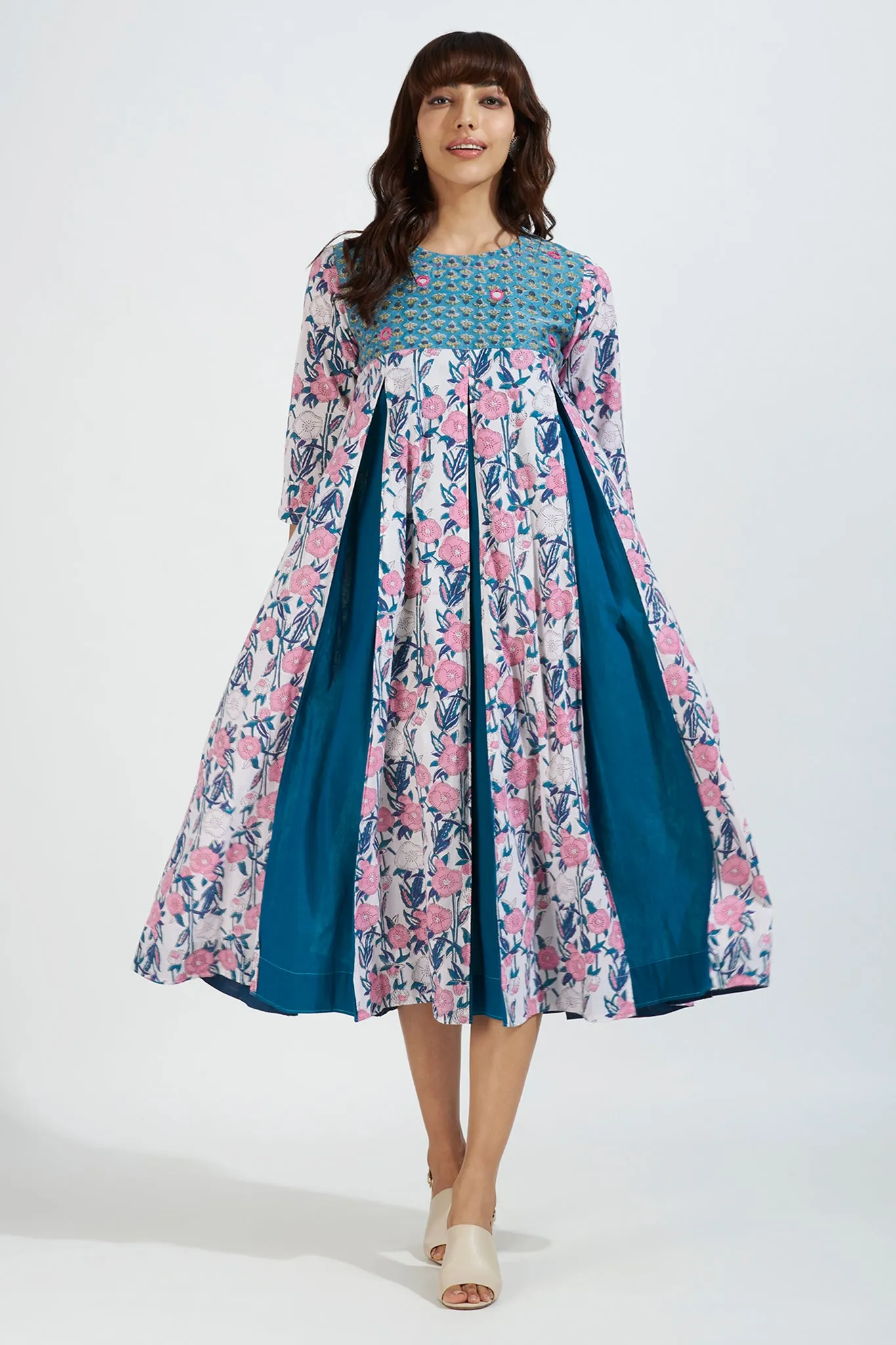 box pleat dress with pockets - floral pink fantasy & teal bouquet