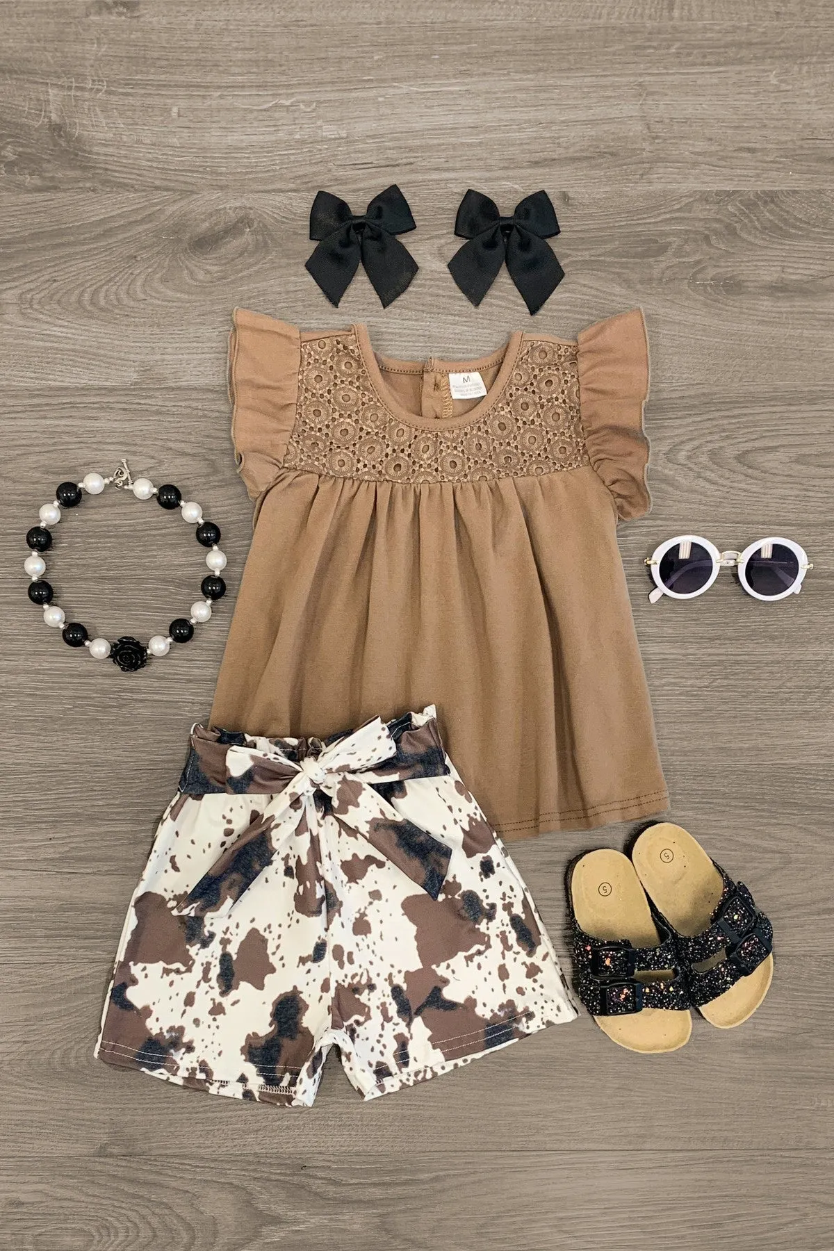 Brown Tunic & Cow Print Tie Short Set