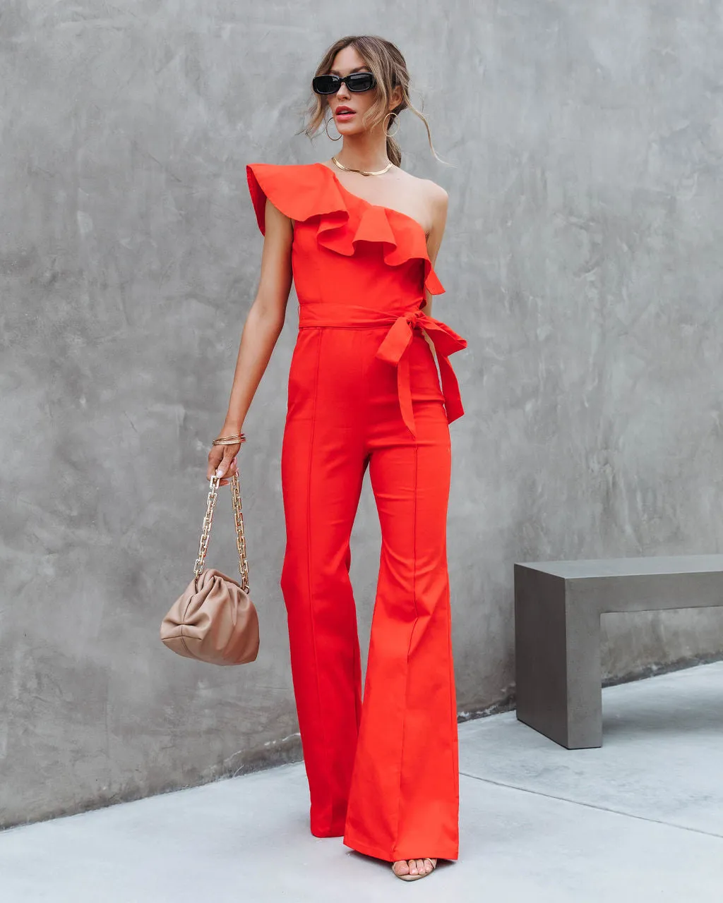 Cameran Cotton One Shoulder Flare Jumpsuit