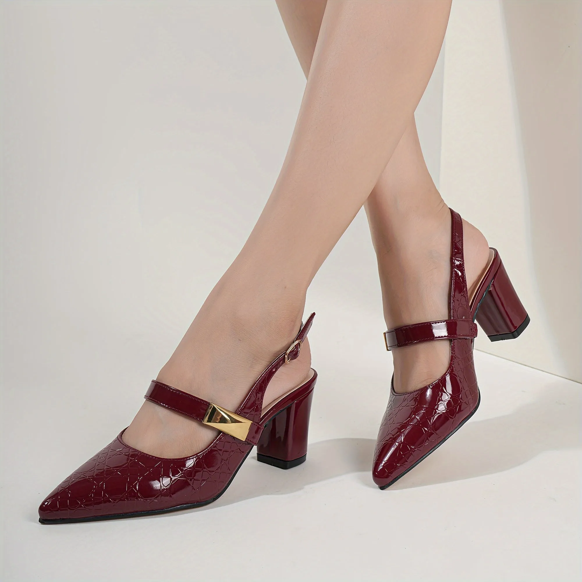 Chic Block Heel Pumps with Non-Slip Grip, Elegant Ankle Buckle & Geometric Print - Perfect All-Season Party Shoe for Women