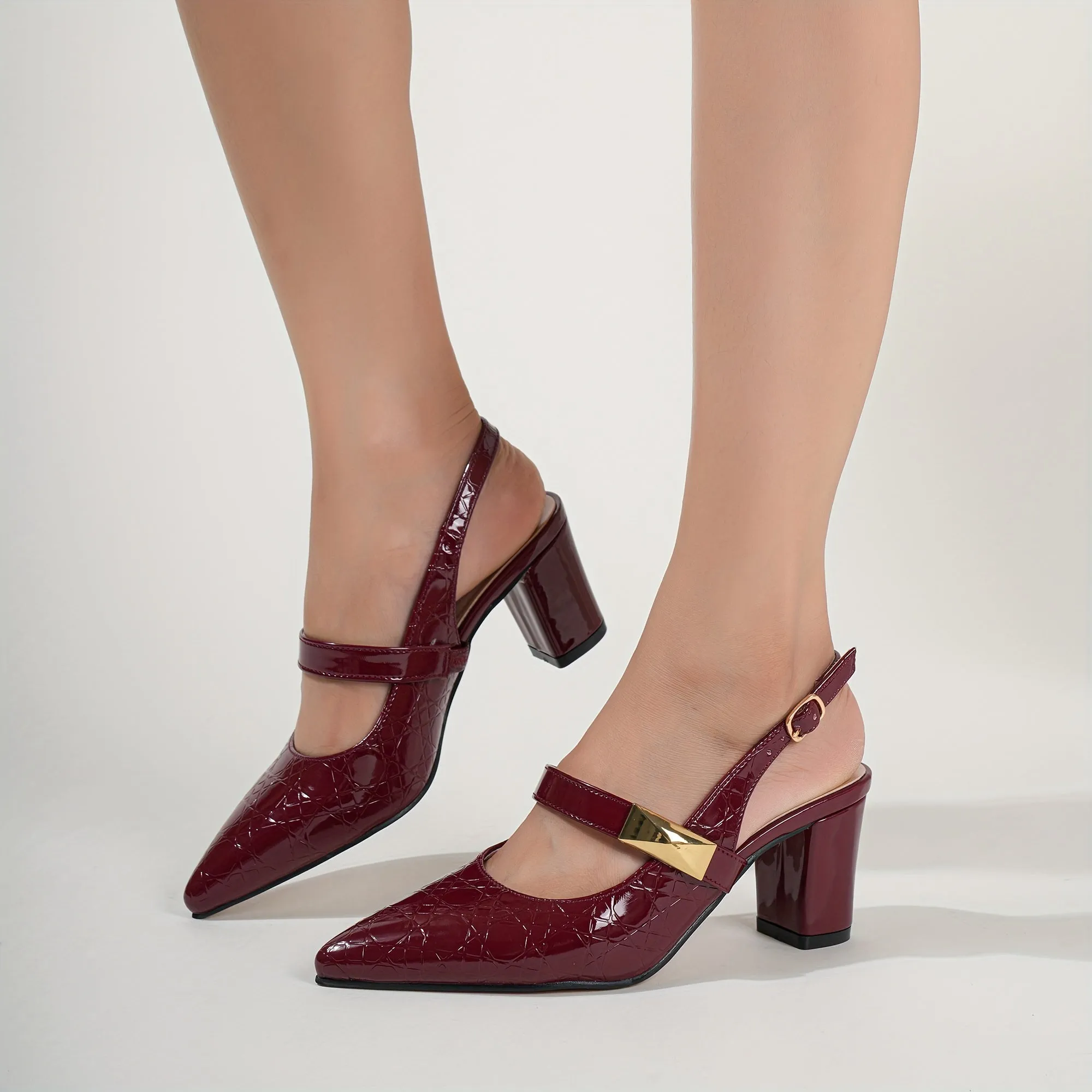 Chic Block Heel Pumps with Non-Slip Grip, Elegant Ankle Buckle & Geometric Print - Perfect All-Season Party Shoe for Women