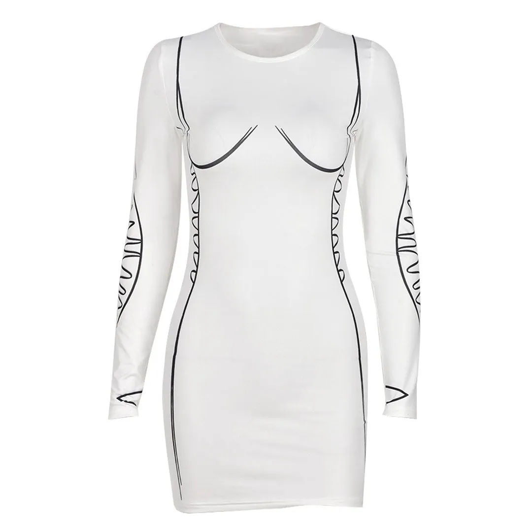 Chic Long Sleeve Contour Drawn Print Bodycon Mini Dress - White