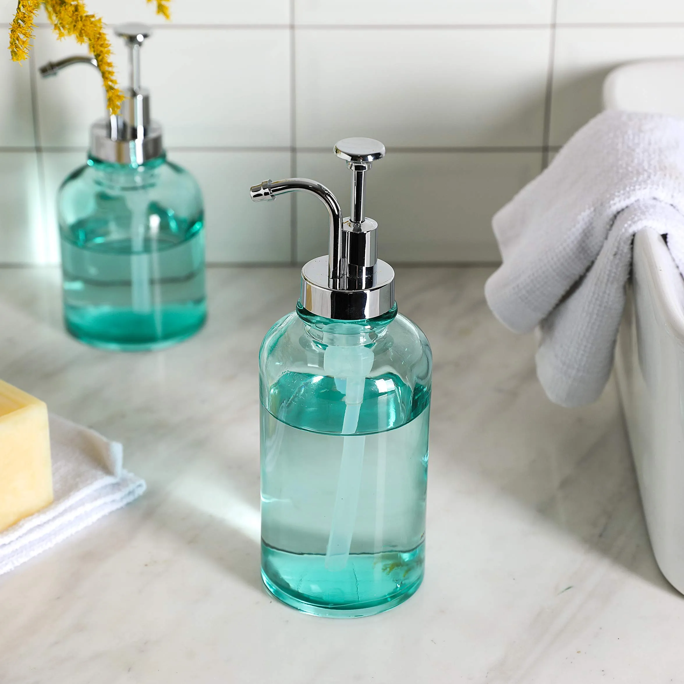 Clear Glass Soap Lotion Dispenser Set, Unique Design Pump, for Bathroom, Kitchen