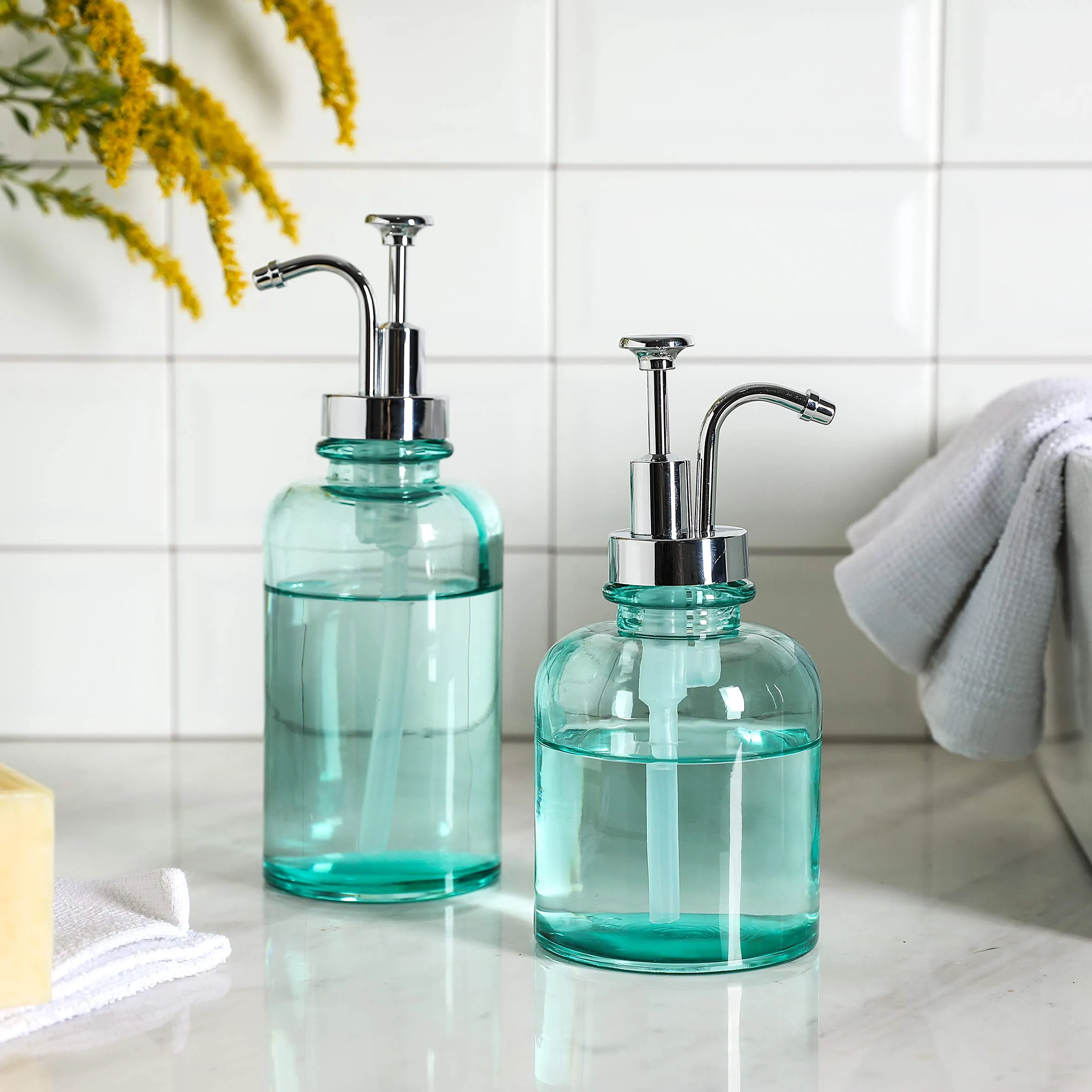 Clear Glass Soap Lotion Dispenser Set, Unique Design Pump, for Bathroom, Kitchen